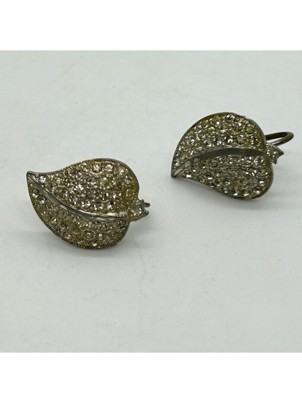Silvertone Leaf Rhinestone Screwback Earrings Statement Jewelry Vintage